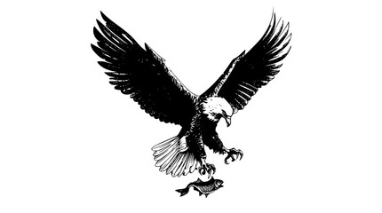 a black and white drawing of an eagle in flight with a fish in its talonsbald eagle, bird, black, claw, eagle, flight, fly, sky, spread, white, wing 