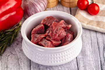 Raw beef meat cubes pieces