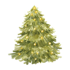 watercolor Christmas tree clipart. It features festive in a watercolor style. Ideal for creating kids, aesthetic prints, invitations, cards, packaging, branding, web sites, social media, pattern etc.