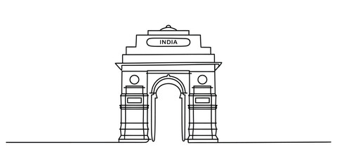 Minimalist continuous line art drawing of india gate monument