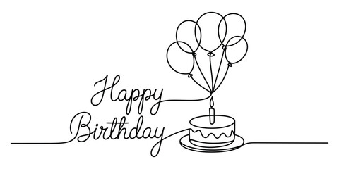 Happy birthday cake, balloons, and greeting in minimalist line art. © Bilas