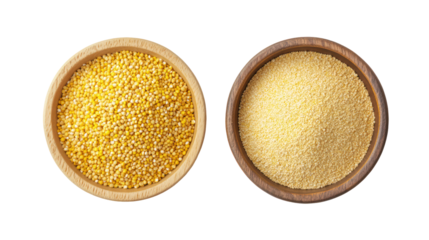 Yellow millet grains and millet powder overhead side by side on transparent background
