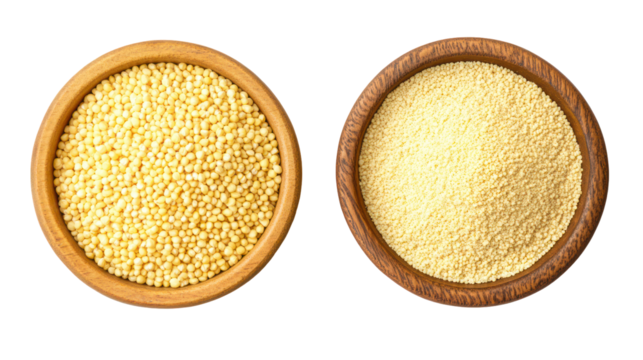 Yellow millet grains and millet powder overhead side by side on transparent background