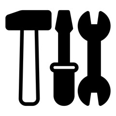 Hammer, screwdriver and wrench solid icon, maintenance work concept, handyman tools, repair toolkit sign on white background, glyph style for mobile web design. Vector graphics.