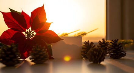 Festive Christmas Poinsettia and Pine Cones Holiday Greeting Card at Sunset