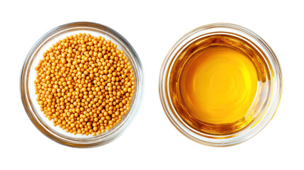 Two glass bowls one with mustard seeds and one with mustard oil isolated on transparent background