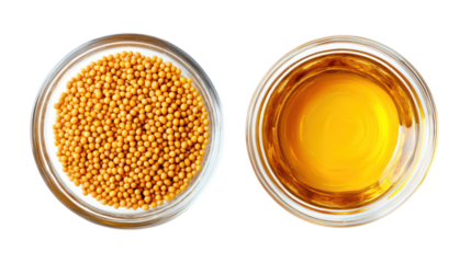 Two glass bowls one with mustard seeds and one with mustard oil isolated on transparent background