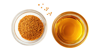 Mustard seeds and mustard oil in glass bowls isolated on transparent background