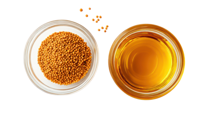 Mustard seeds and mustard oil in glass bowls isolated on transparent background