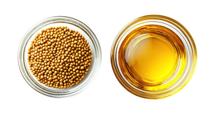 Mustard seeds and mustard oil in glass bowls isolated on transparent background