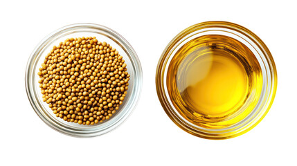 Mustard seeds and mustard oil in glass bowls isolated on transparent background