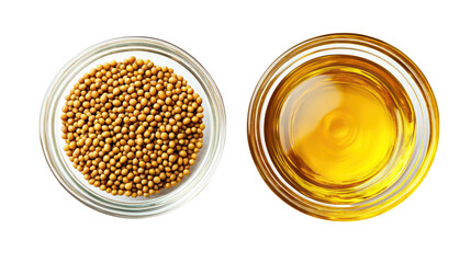 Mustard seeds and mustard oil in glass bowls isolated on transparent background