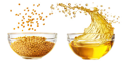 Yellow mustard seeds and mustard oil in a glass bowl with splashes on transparent background