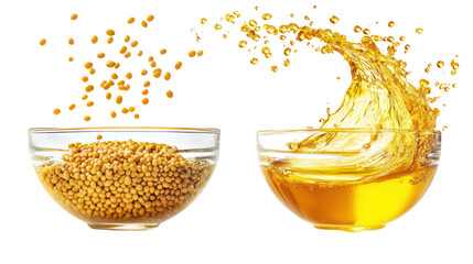 Yellow mustard seeds and mustard oil in a glass bowl with splashes on transparent background