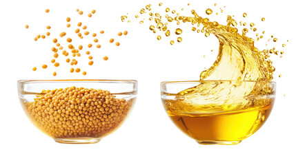 Yellow mustard seeds and mustard oil in a glass bowl with splashes on transparent background