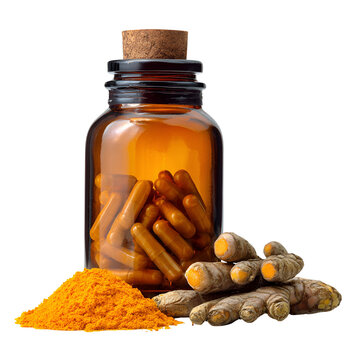 Turmeric root powder and capsules in amber glass bottle with cork lid