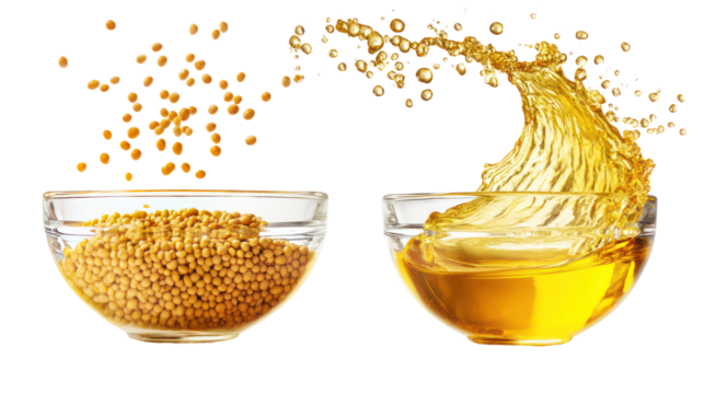 Yellow mustard seeds and mustard oil in a glass bowl with splashes on transparent background