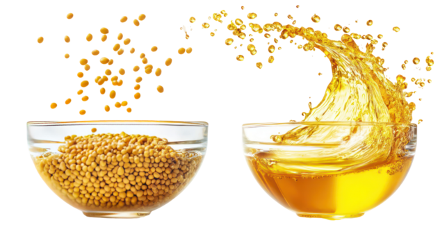 Yellow mustard seeds and mustard oil in a glass bowl with splashes on transparent background