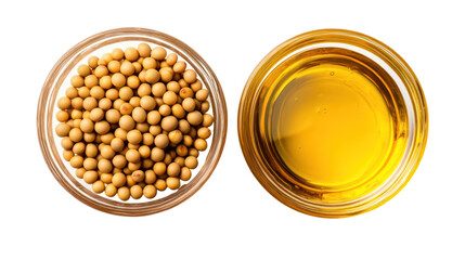 Soybeans and soybean oil in glass bowls isolated on transparent background