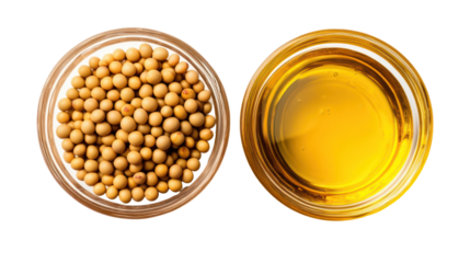 Soybeans and soybean oil in glass bowls isolated on transparent background