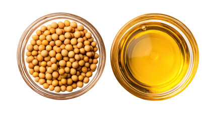 Two glass bowls with soybeans and soybean oil isolated on transparent background