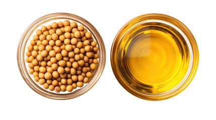 Mustard seeds and mustard oil in glass containers isolated on transparent background