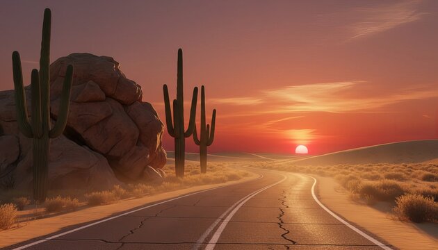 Desert road winding through golden sand dunes, glowing red sunset sky, cinematic lighting
