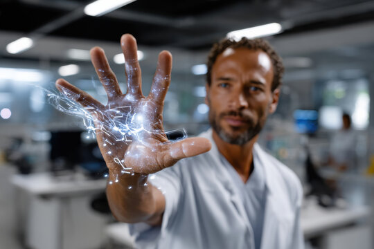 A focused man showcases advanced technology with his hand, representing the fusion of human capability and innovation in a contemporary lab environment for scientific progress.