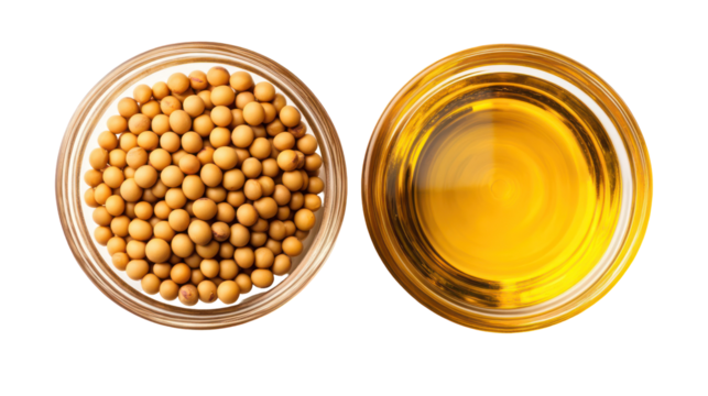 Mustard seeds and mustard oil in glass containers isolated on transparent background