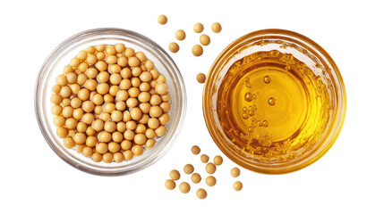 Soybeans and soybean oil in bowls isolated on transparent background