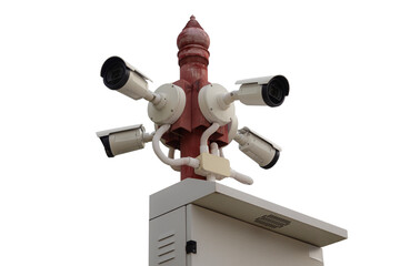 Security Cameras Mounted on Red Mast Over Outdoor Area for Comprehensive Surveillance