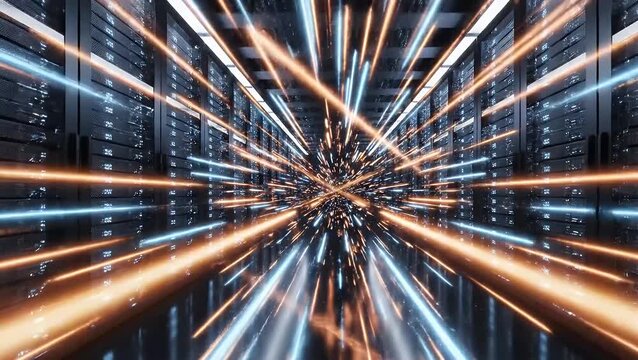 Glowing streams of light represent high-speed data transfer in a futuristic server room