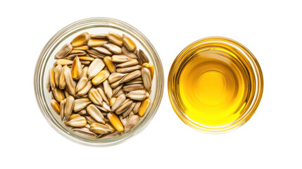 Sunflower seeds and sunflower oil in glass bowls isolated on transparent background