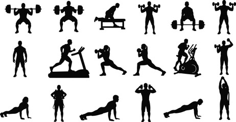 Fitness silhouette, gym workout, strength training, cardio exercise, dumbbell movement, barbell lift, bodyweight drill, black illustration, healthy lifestyle, exercise variety