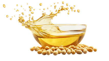 Soybean oil splashing from a bowl surrounded by soybeans isolated on transparent background