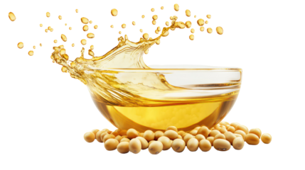 Soybean oil splashing from a bowl surrounded by soybeans isolated on transparent background