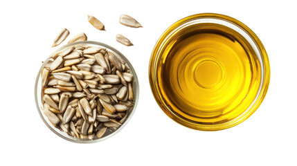 Sunflower seeds and oil in bowls isolated on transparent background