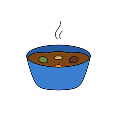 A blue bowl of soup with a steamy top