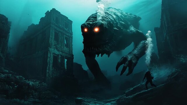 Underwater Encounter with a Sea Monster in Ruins