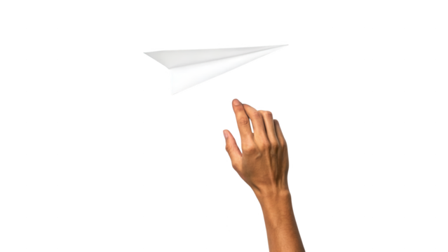 Hand launching white paper airplane, representing innovation and flight isolated on white background