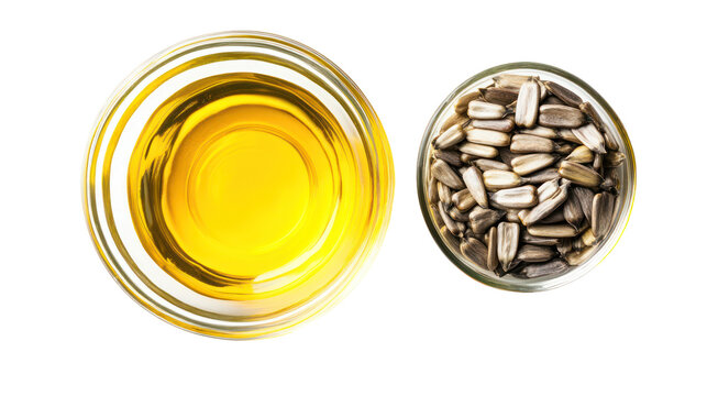 Two oval shaped objects one with yellow liquid and the other with stones isolated on transparent background