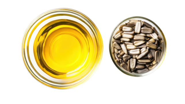 Two oval shaped objects one with yellow liquid and the other with stones isolated on transparent background