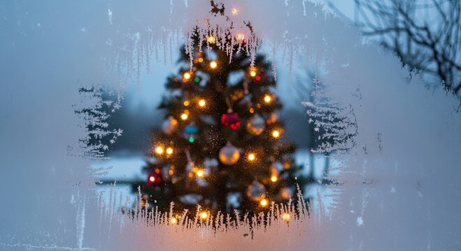 Beautifully Decorated Christmas Tree Seen Through Frosty Window