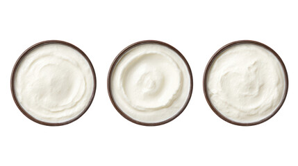 Yogurt kefir fromage blanc overhead three sets side by side on transparent background