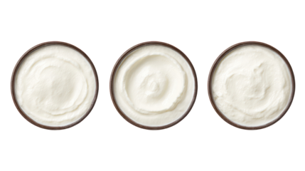 Yogurt kefir fromage blanc overhead three sets side by side on transparent background