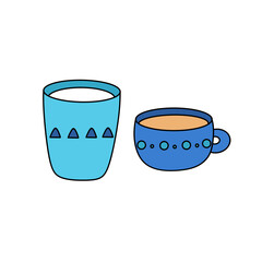 A blue cup with a white design sits next to a blue cup with a white design