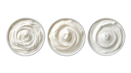 Yogurt kefir fromage blanc overhead three sets side by side on transparent background
