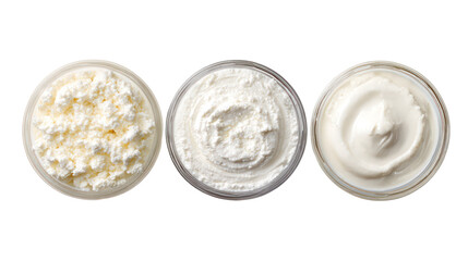 Yogurt kefir fromage blanc overhead three sets side by side on transparent background