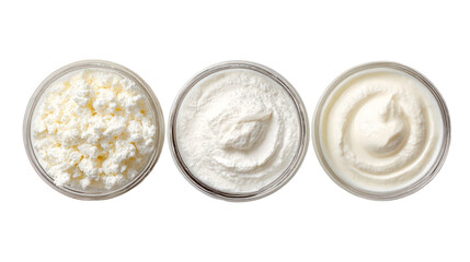 Yogurt kefir fromage blanc overhead three sets side by side on transparent background