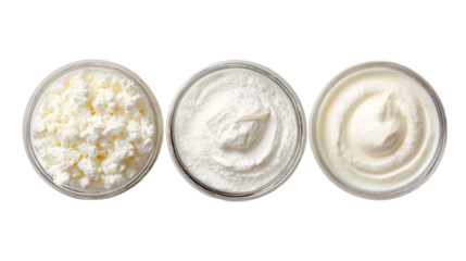 Yogurt kefir fromage blanc overhead three sets side by side on transparent background